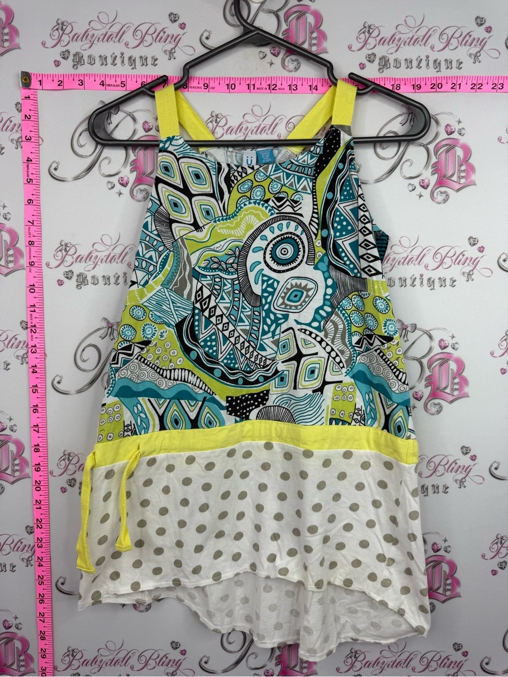 Tank top y2k tie up Yellow & Teal Patterned Tank Top by